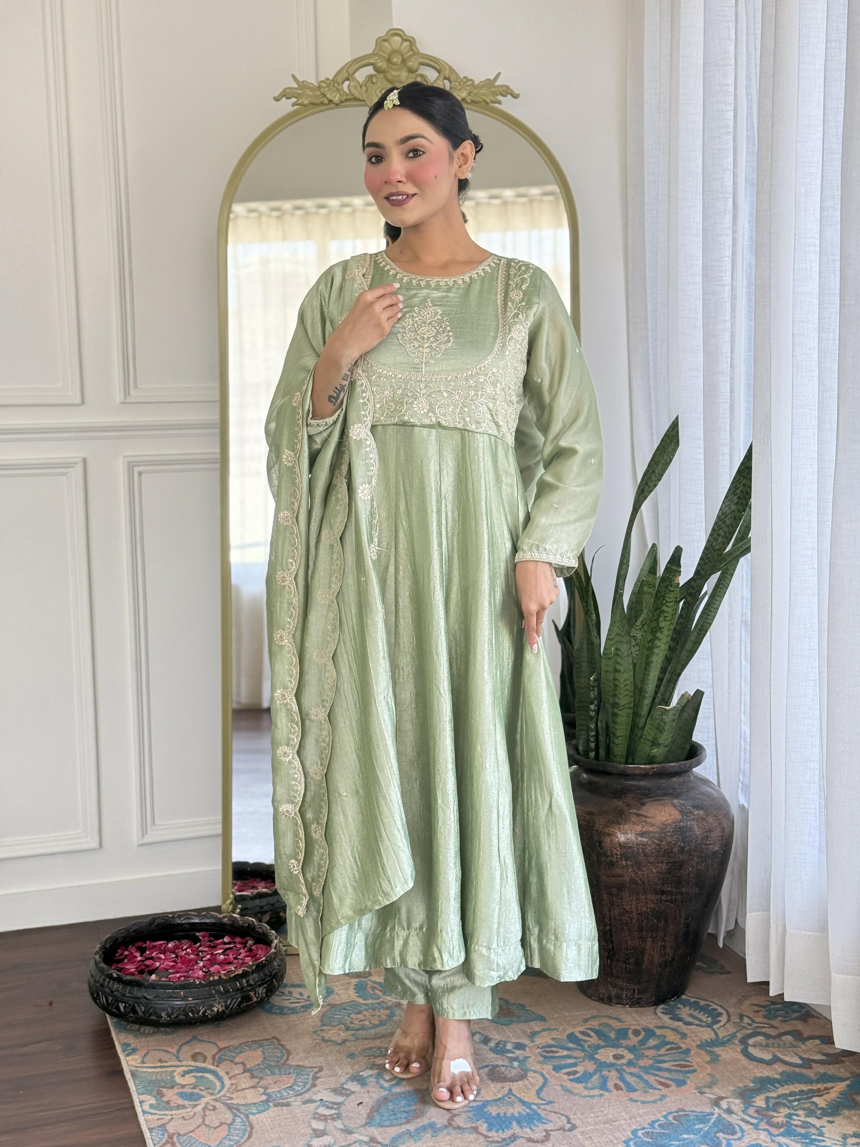 The52 Pista Women's Gorgeous Embroidered Vichitra Silk Fabric Flared Kurta Pant with Dupatta Set