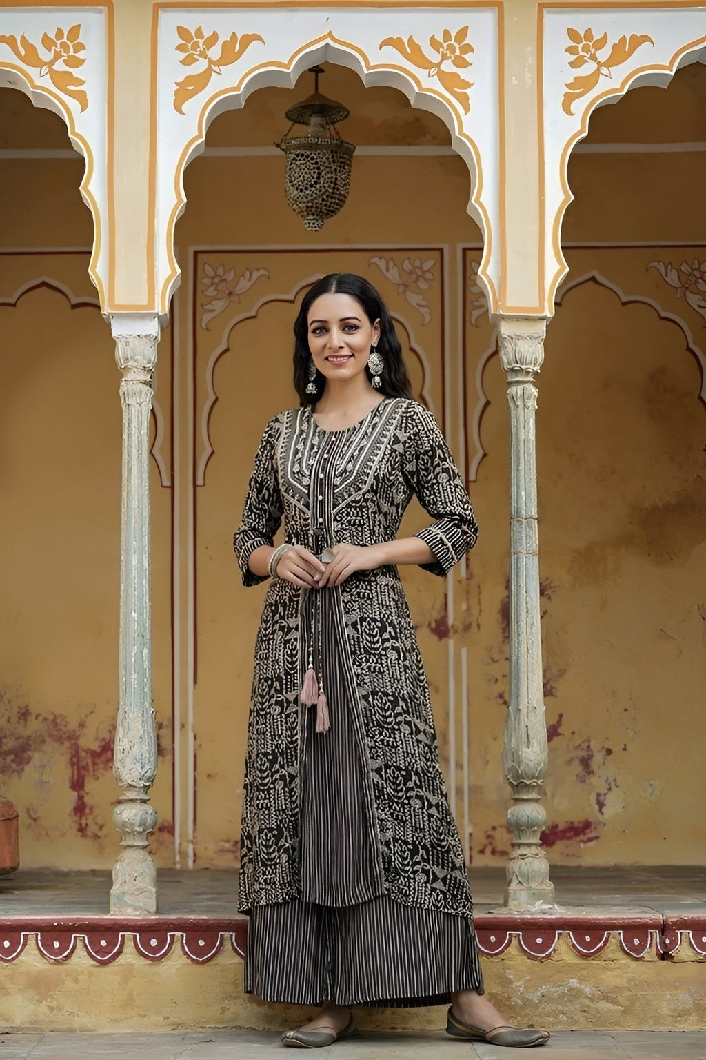 Juniper Women`s Black Rayon Staple Embroidered & Printed A-Line Kurta Sets