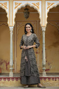 Juniper Women`s Black Rayon Staple Embroidered & Printed A-Line Kurta Sets
