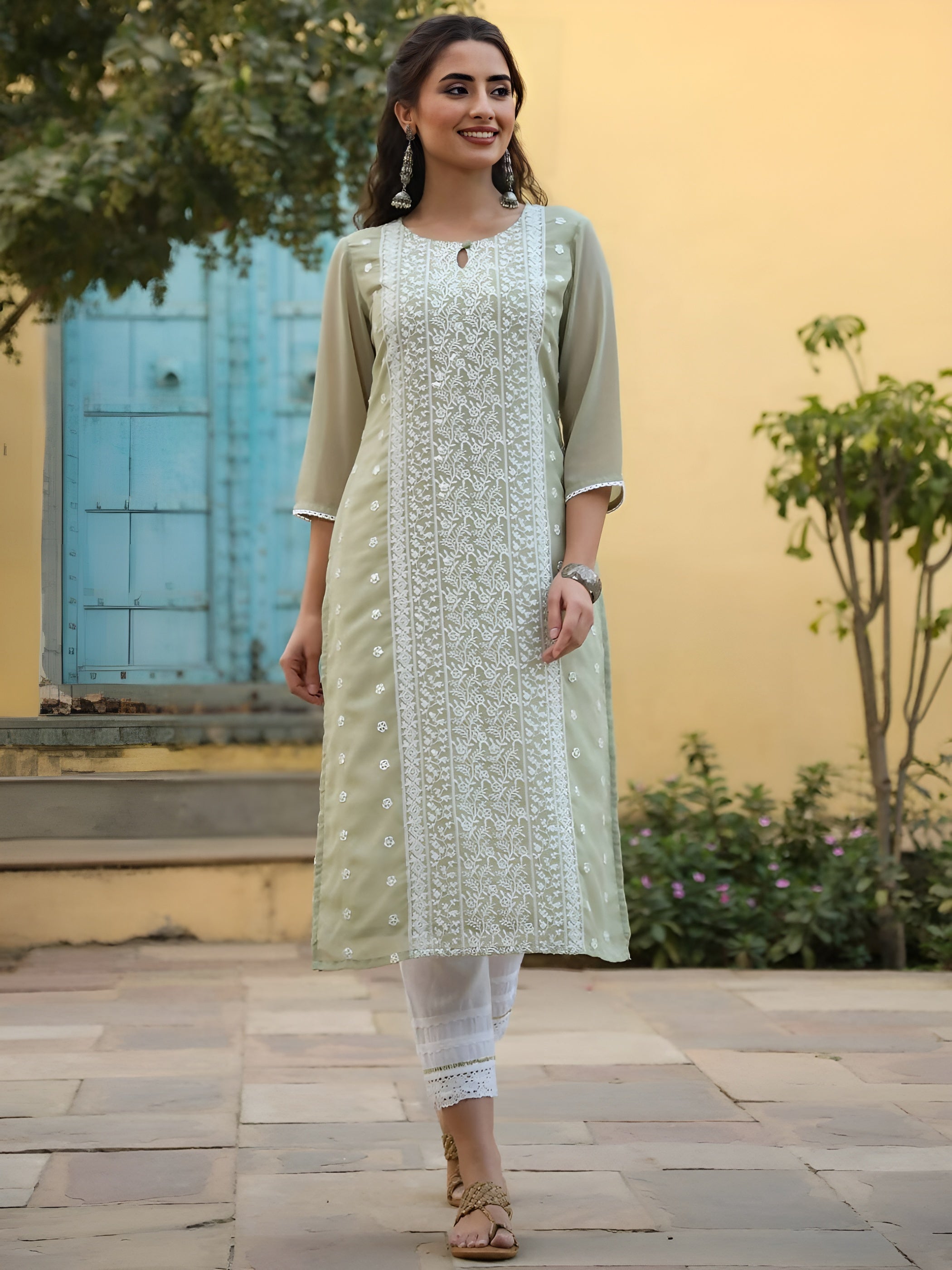 Juniper Women's Ltgreen Georgette Printed Kurta