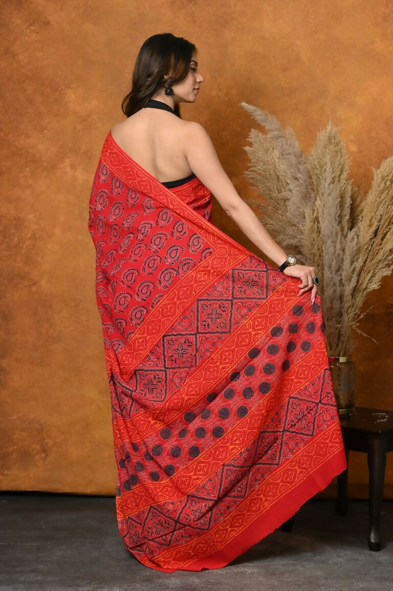 Very Much Indian Handblock Printed Cotton Saree With Natural Dyes - Red