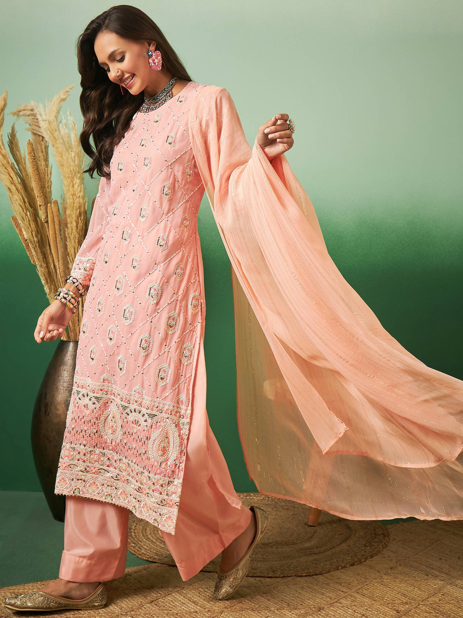 Peach Georgette Handwork Unstitched Dress Material - Hanika