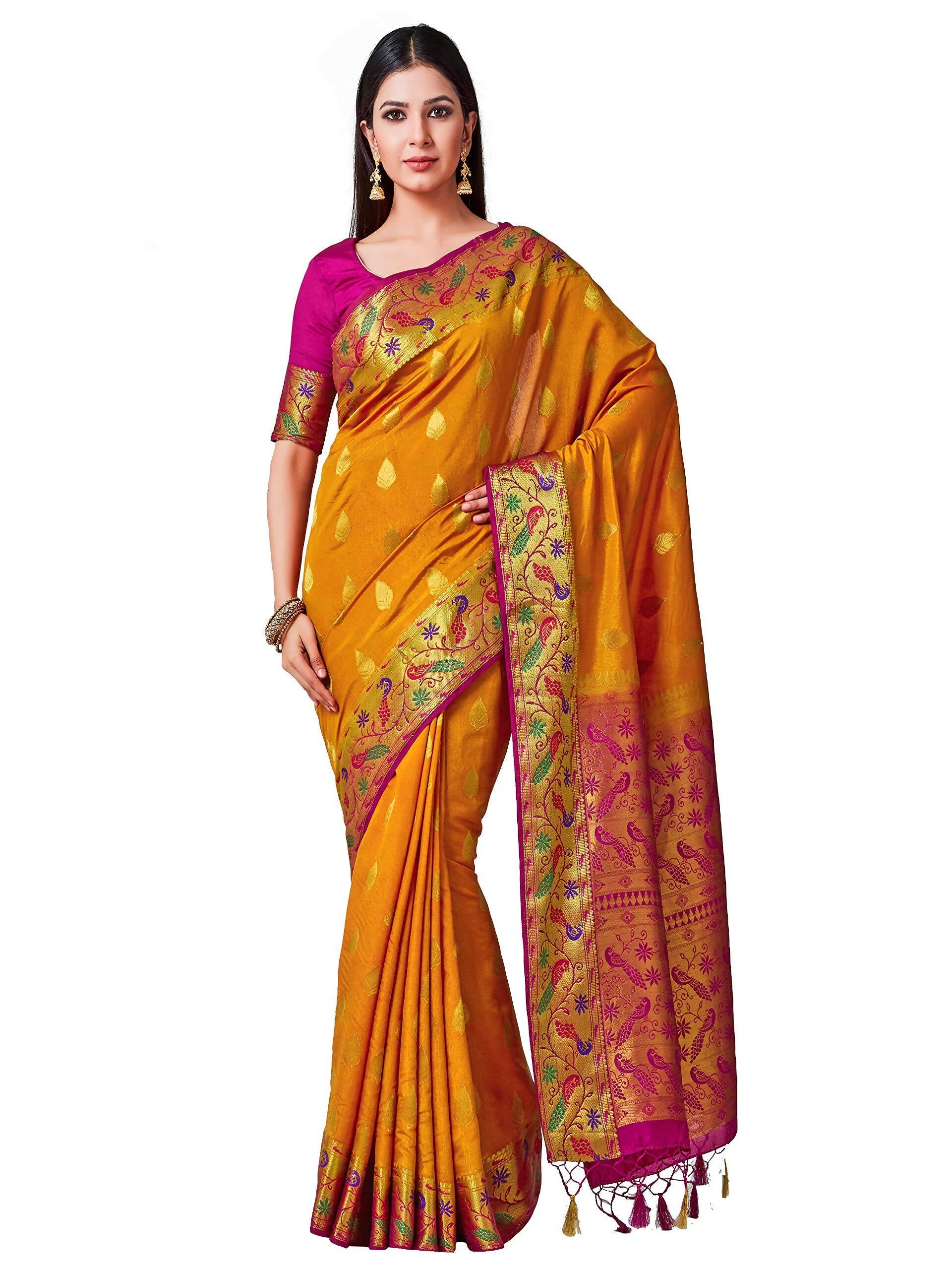Mimosa Women's Paithani Art Silk Mustard Yellow Saree