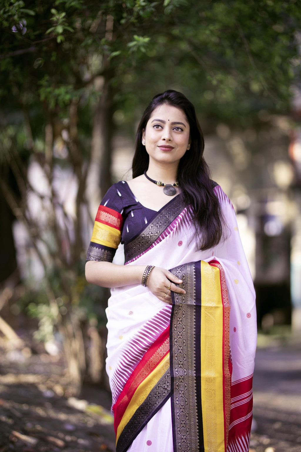 White Cotton Crepe Printed Saree with Unstitched Blouse - Hiral Fashion
