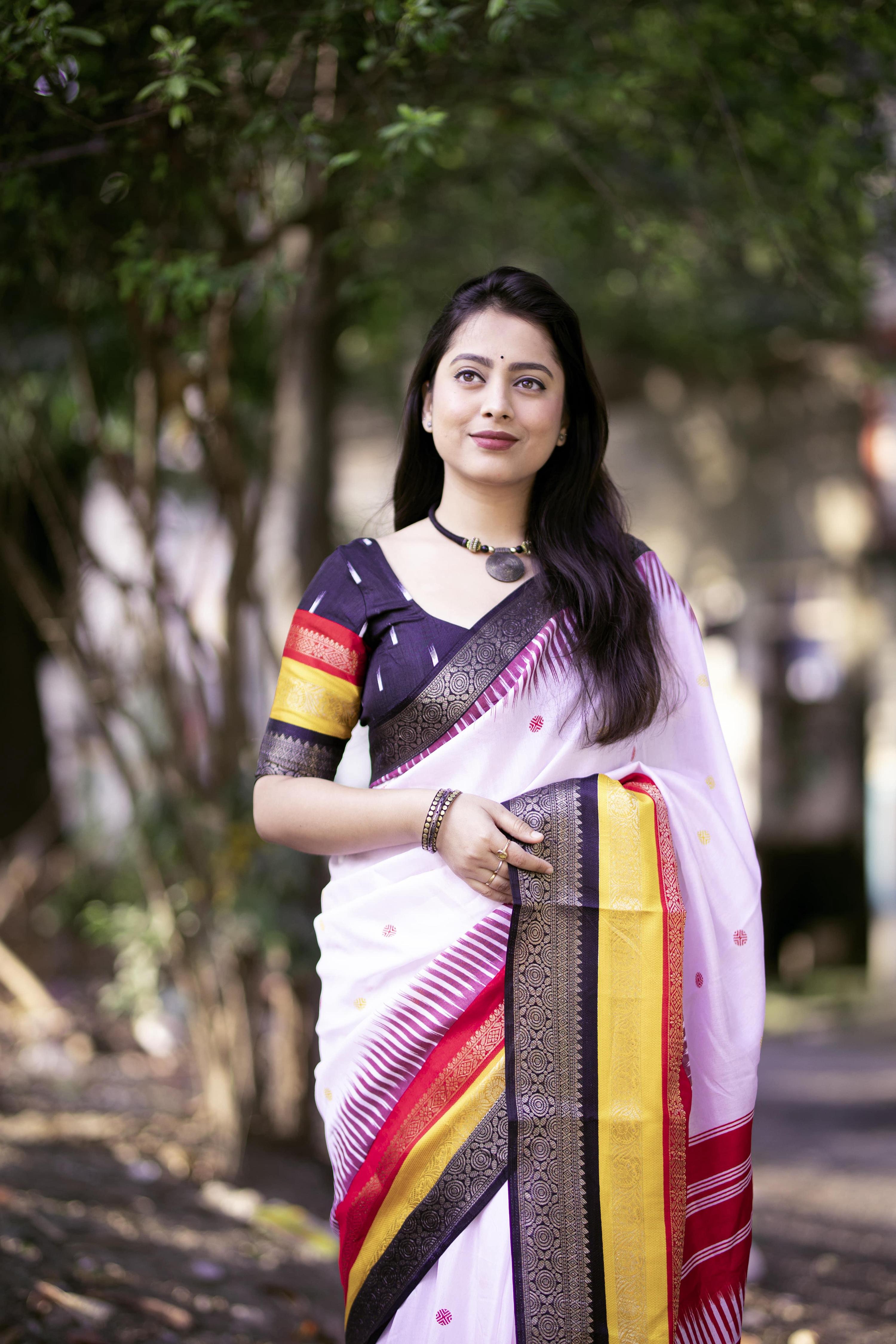 White Cotton Crepe Printed Saree with Unstitched Blouse - Hiral Fashion