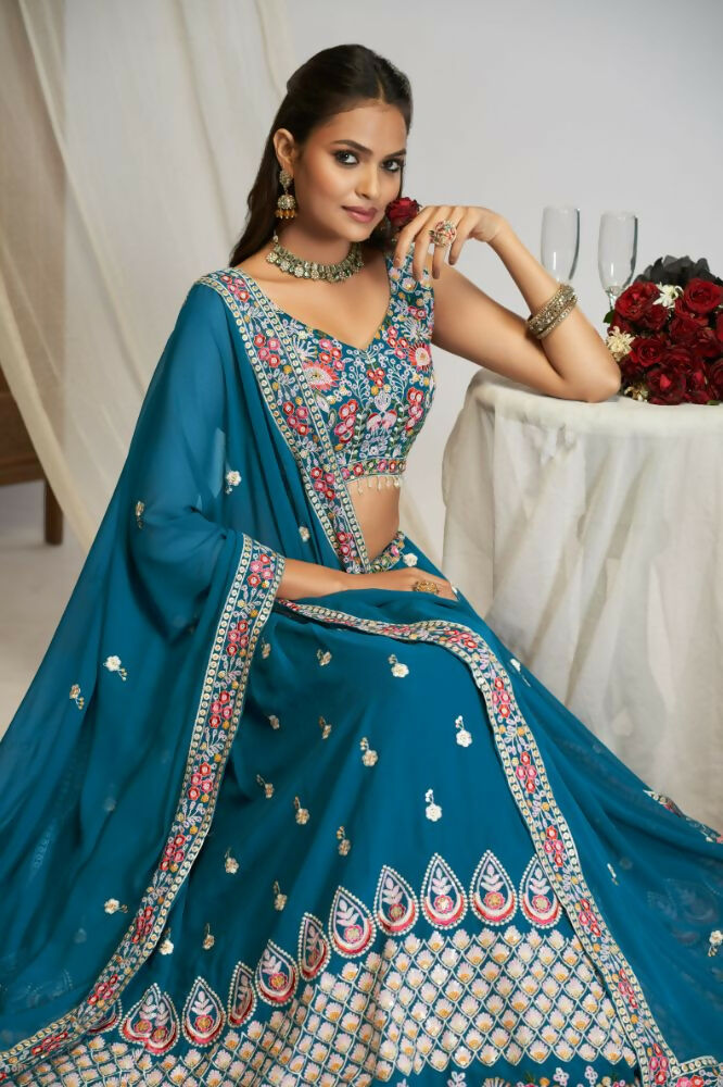 Teal Blue Georgette Thread Sequence Embroidery Work Lehnga Choli - Jihu Culture
