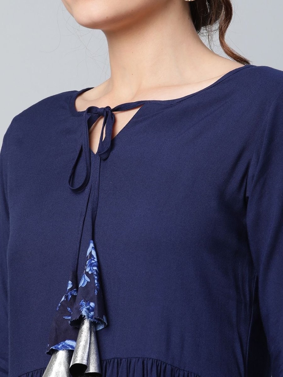 Ahalyaa Women Navy Blue Rayon Floral Empire Kurti with Dhoti Pants