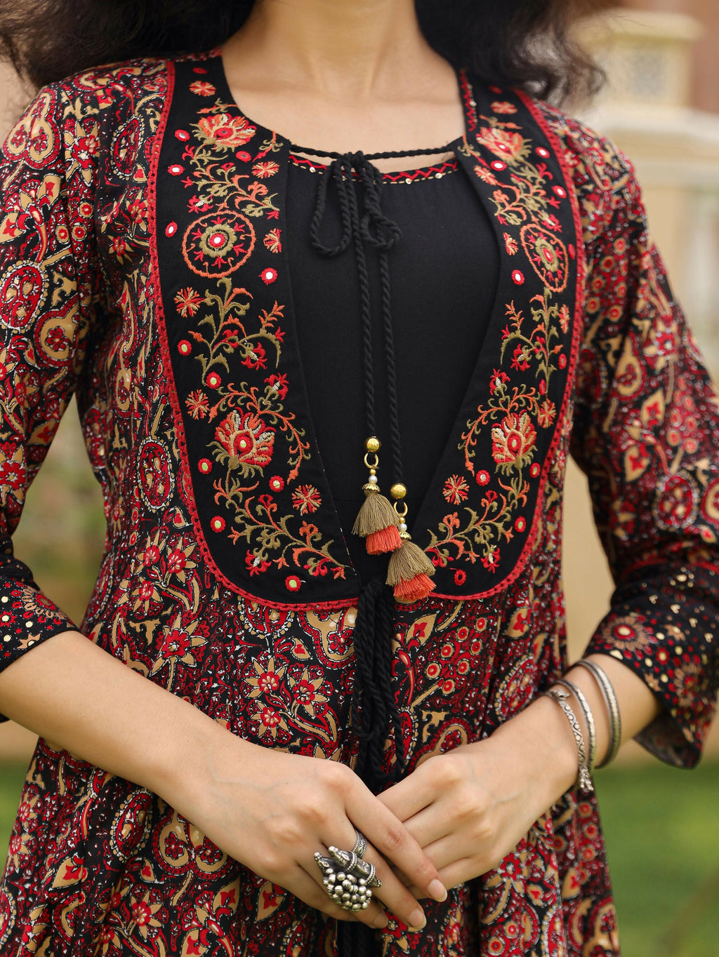 Juniper Women's The Mahautsavam Black Ethnic Motif Printed Muslin Shrug Inner & Pant Set With Thread & Mirror Work