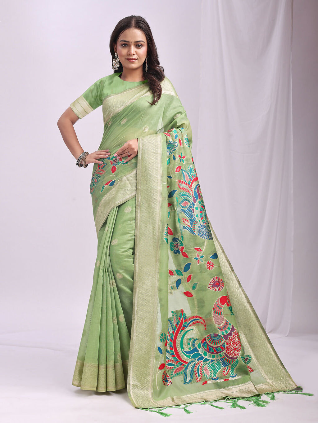 Shree Shyam Fashion Linen Cotton Light Green Saree