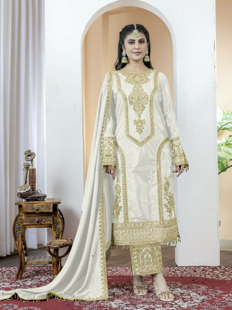 Teeya Creation White Color Chinnon Silk Embroidery Work Fully Stitched Salwar Suit