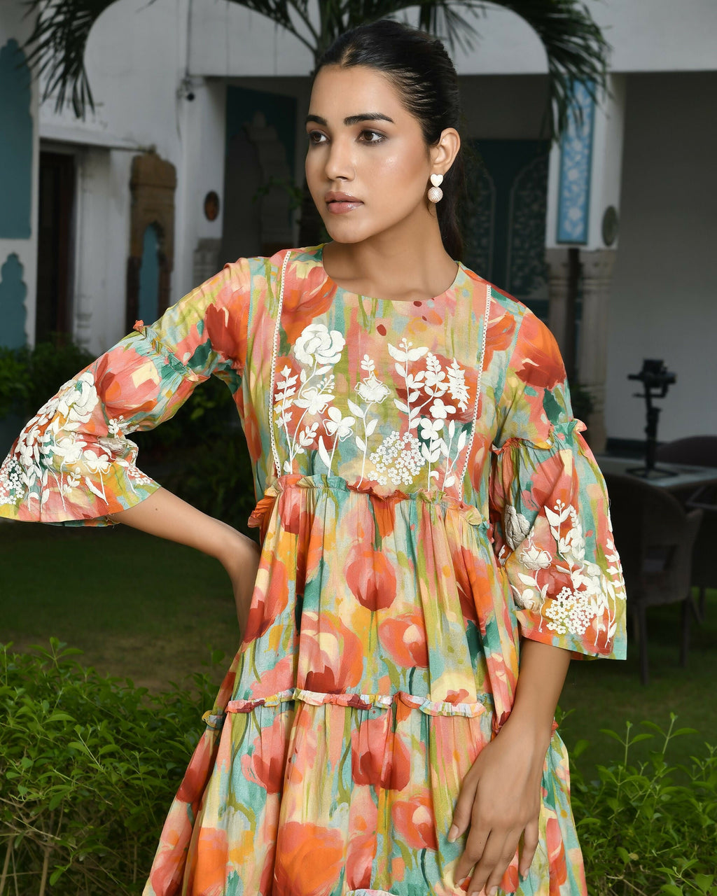 Vaasva Women's Orange Cotton Embroidered& Digital Printed Dress