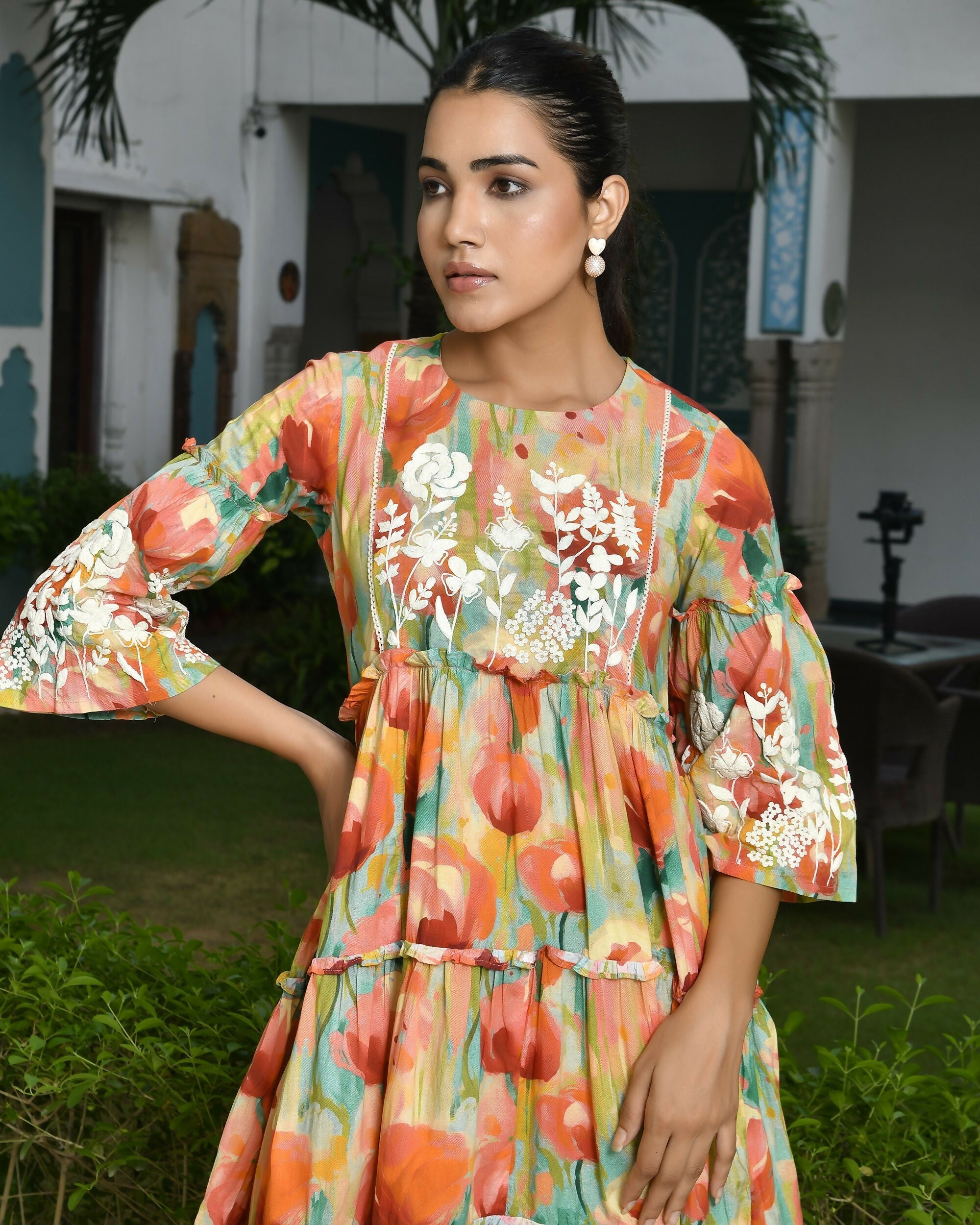 Vaasva Women's Orange Cotton Embroidered& Digital Printed Dress
