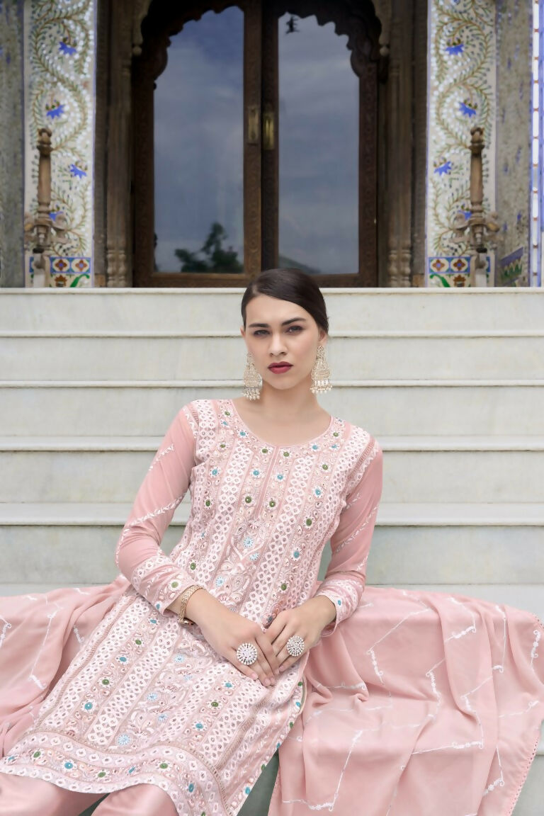 Jyoti Fashion Women's Pink Faux Georgette Heavy Embroidery and Moti Work Kurta Set