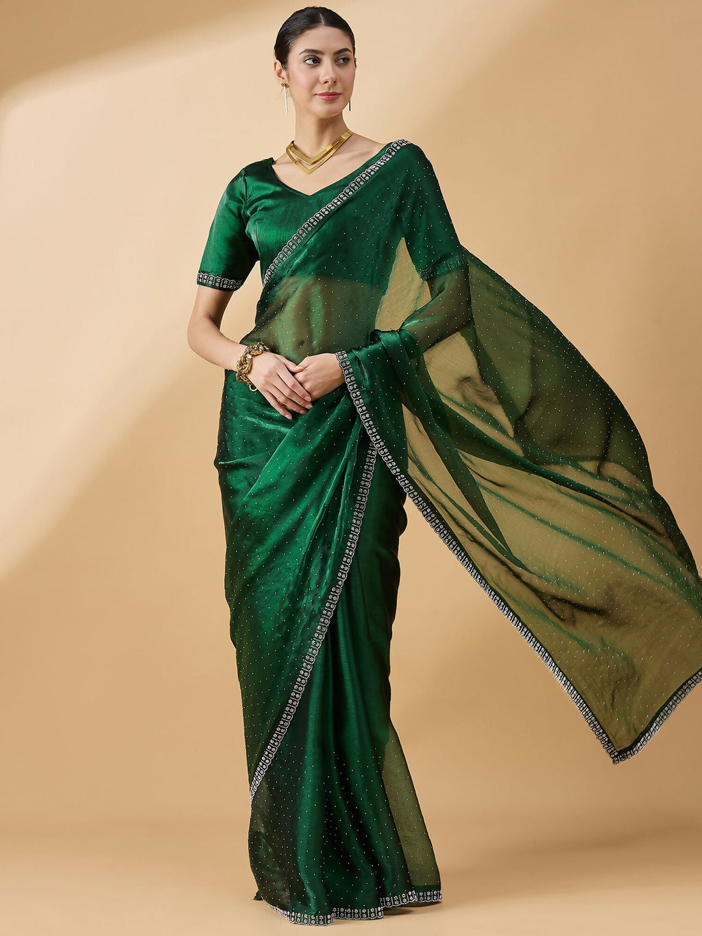 Green Organza Swaroski Diamond Work Saree with Unstitched Blouse - Radha