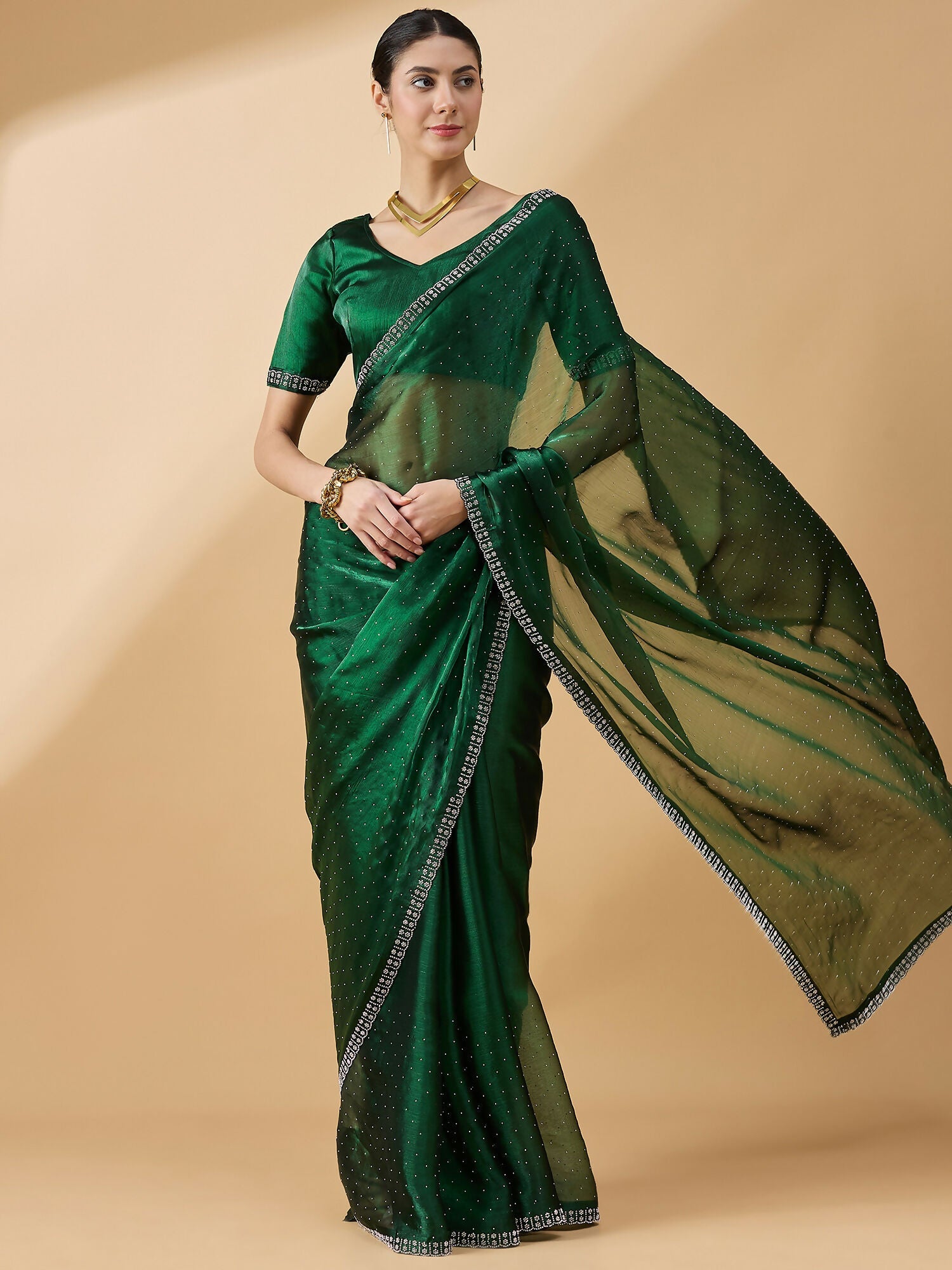 Green Organza Swaroski Diamond Work Saree with Unstitched Blouse - Radha