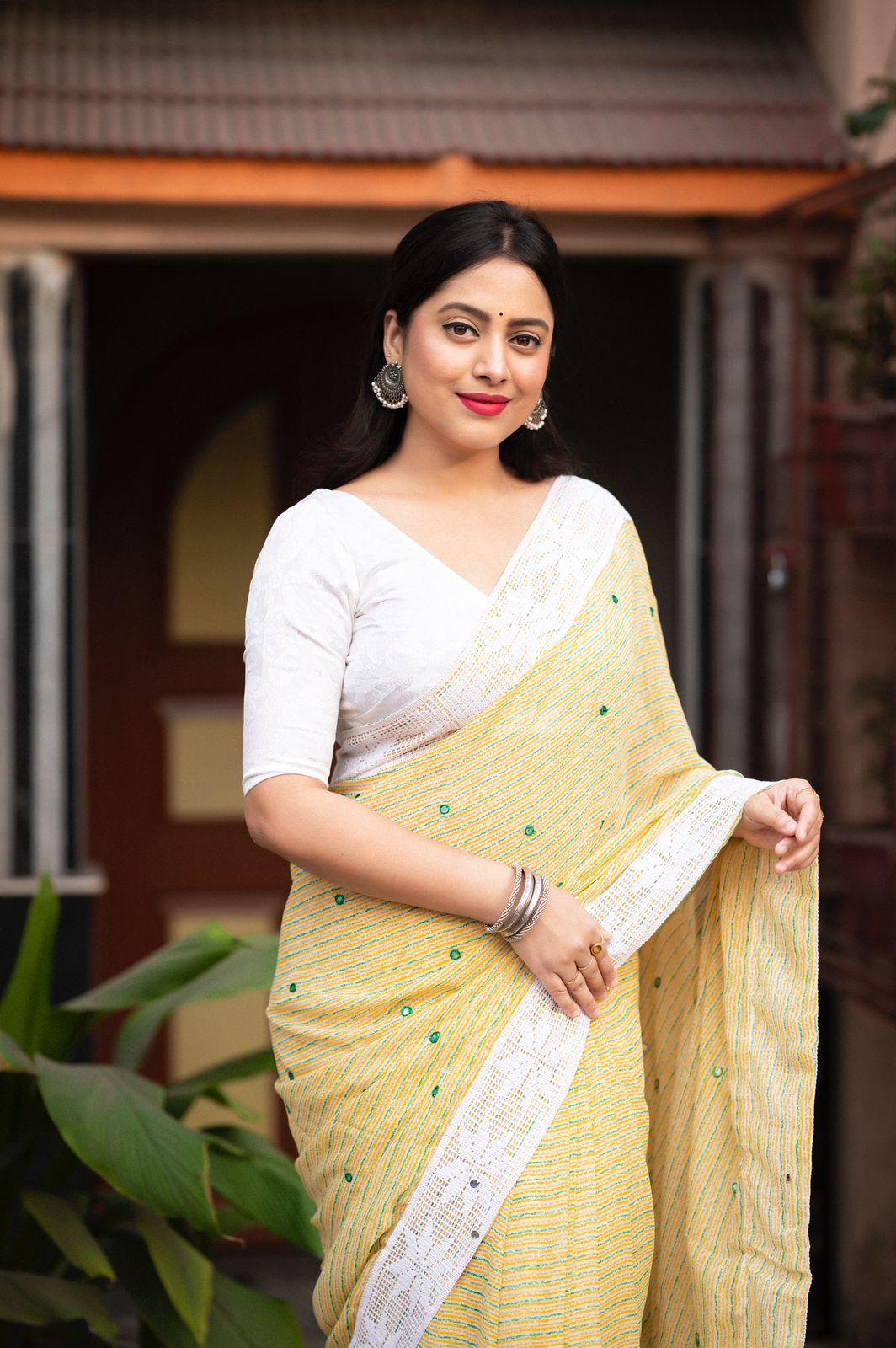 Lemon Poly Georgette Ethnic Motifs Saree with Unstitched Blouse - Hiral Fashion