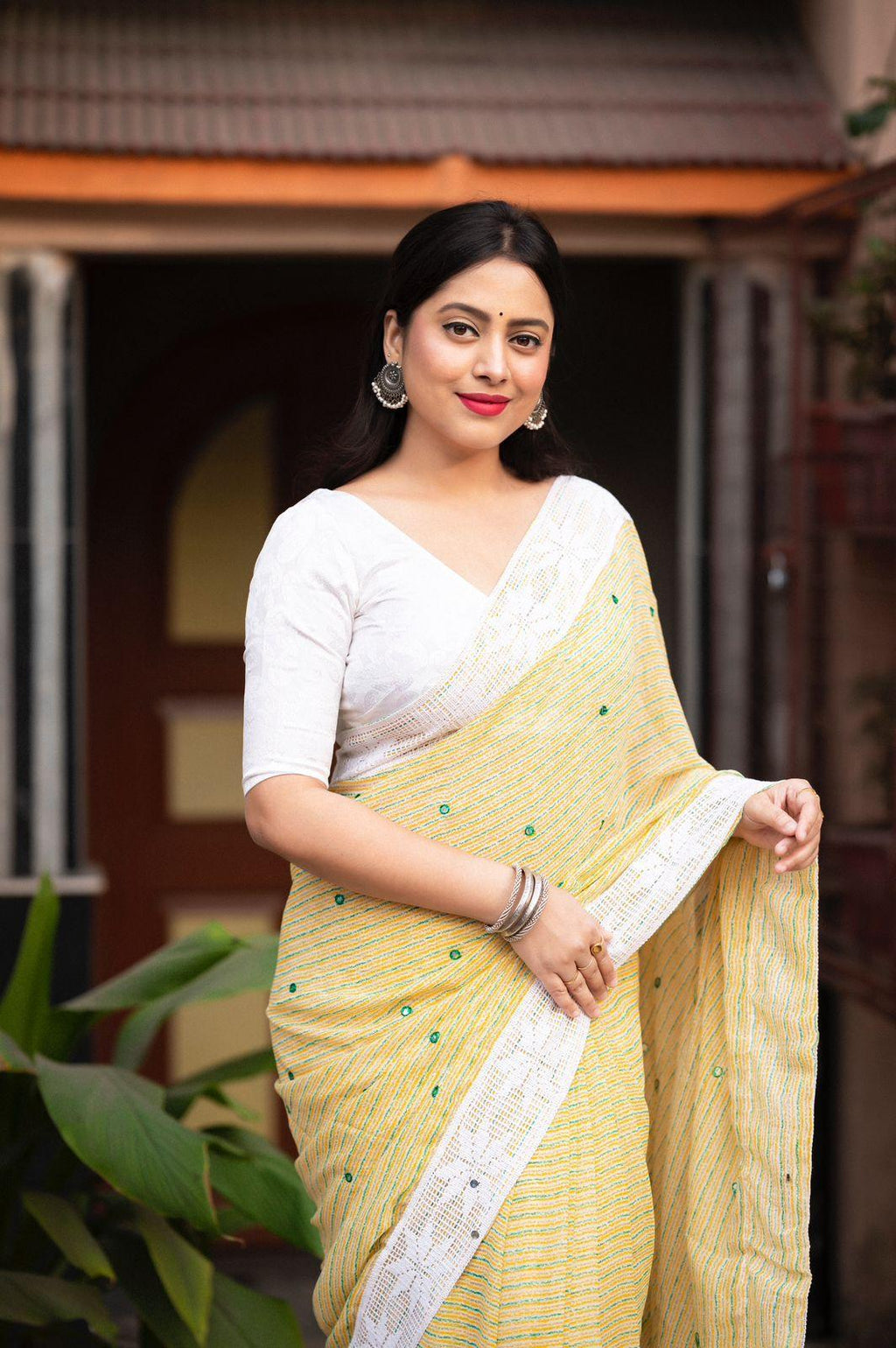 Lemon Poly Georgette Ethnic Motifs Saree with Unstitched Blouse - A2M