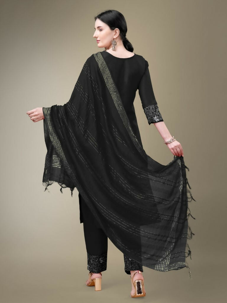 Jyoti Fashion Women's Black Cotton Blend Embroidery & Fancy Lace work Kurta with Trouser & Dupatta