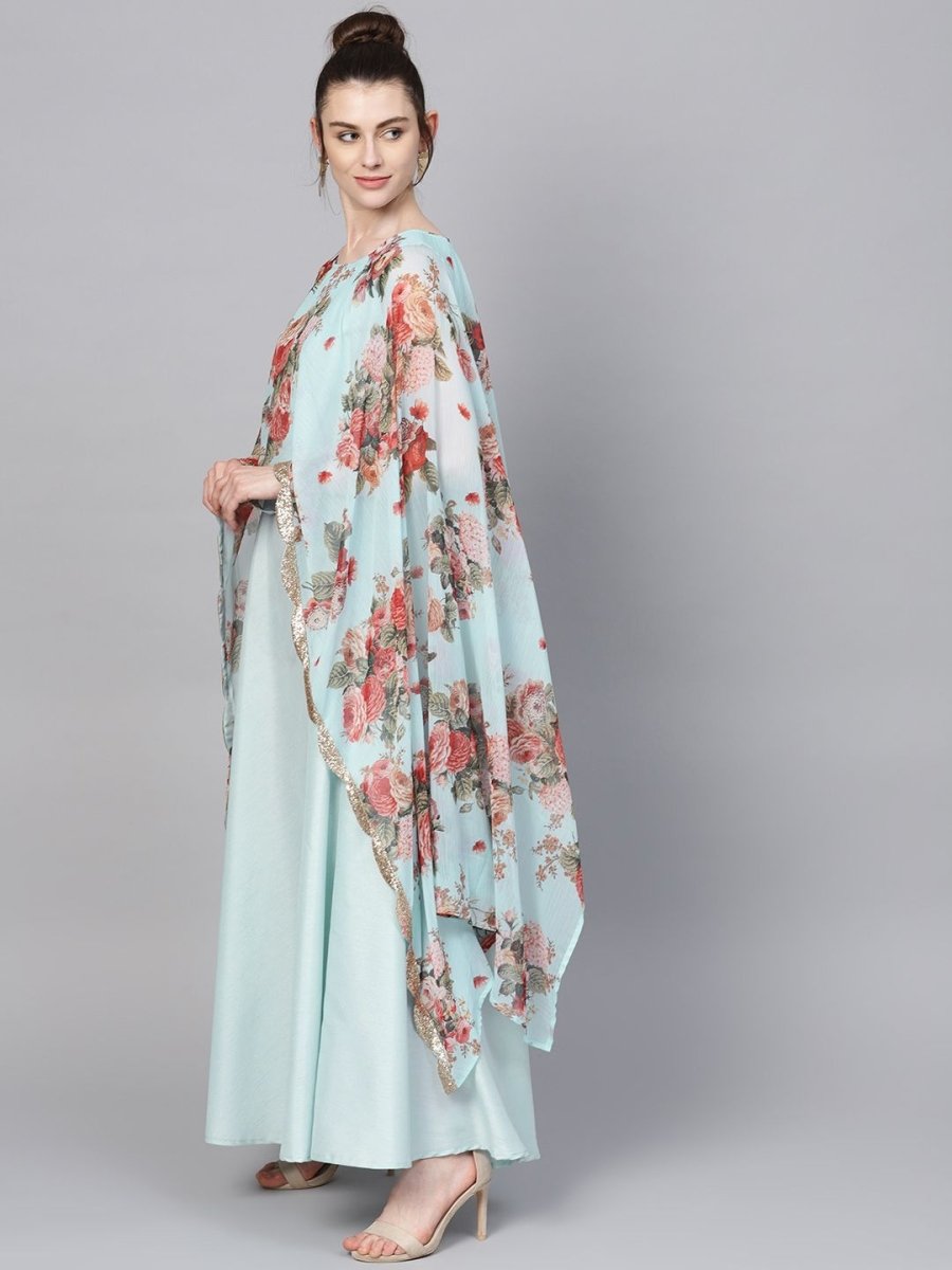 Ahalyaa Aqua Blue Poly Silk Kurta With Attached Printed Dupatta