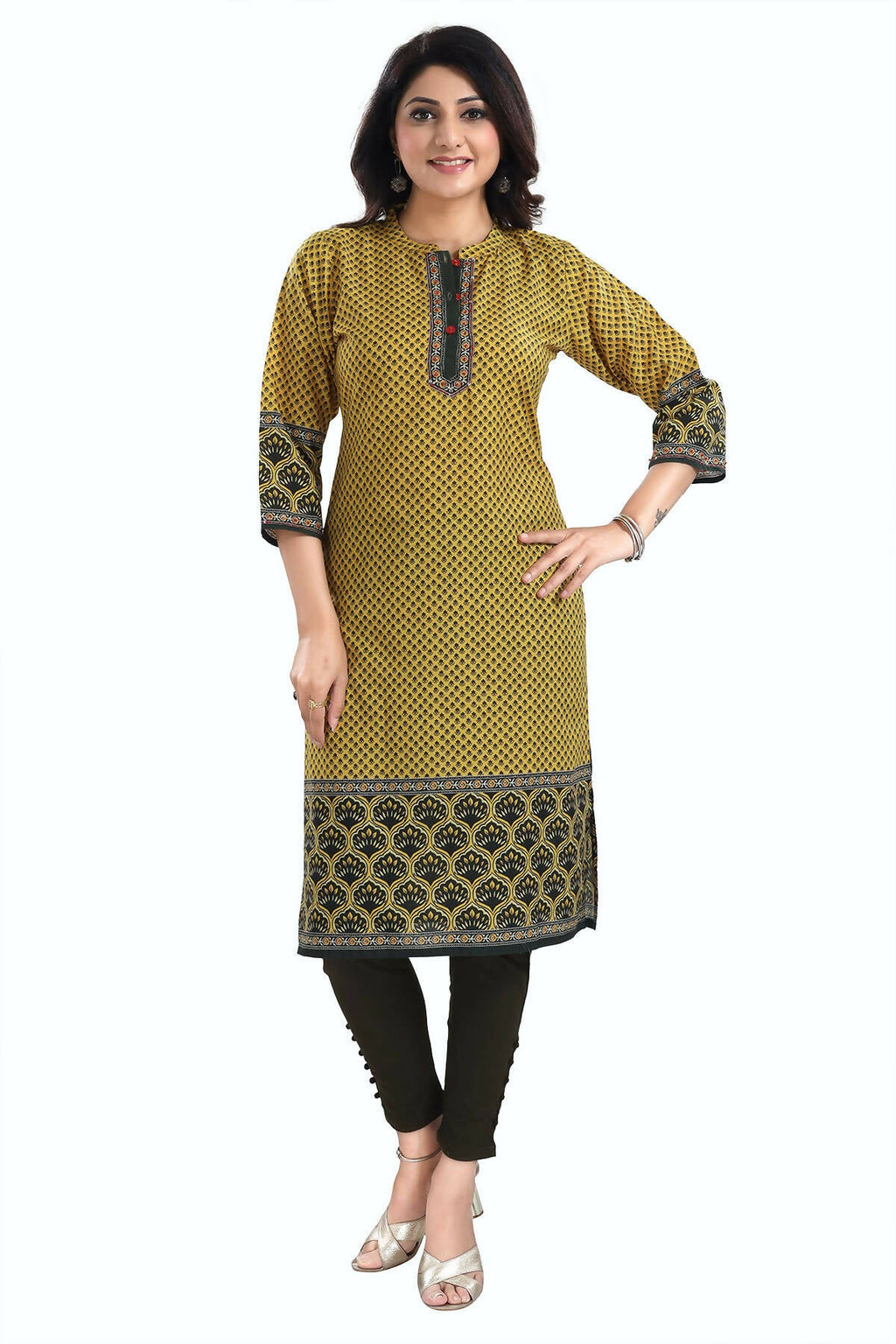 Snehal Creations Yellow Designer Digital Print Cotton Slub Fabric Long Kurti Tunic