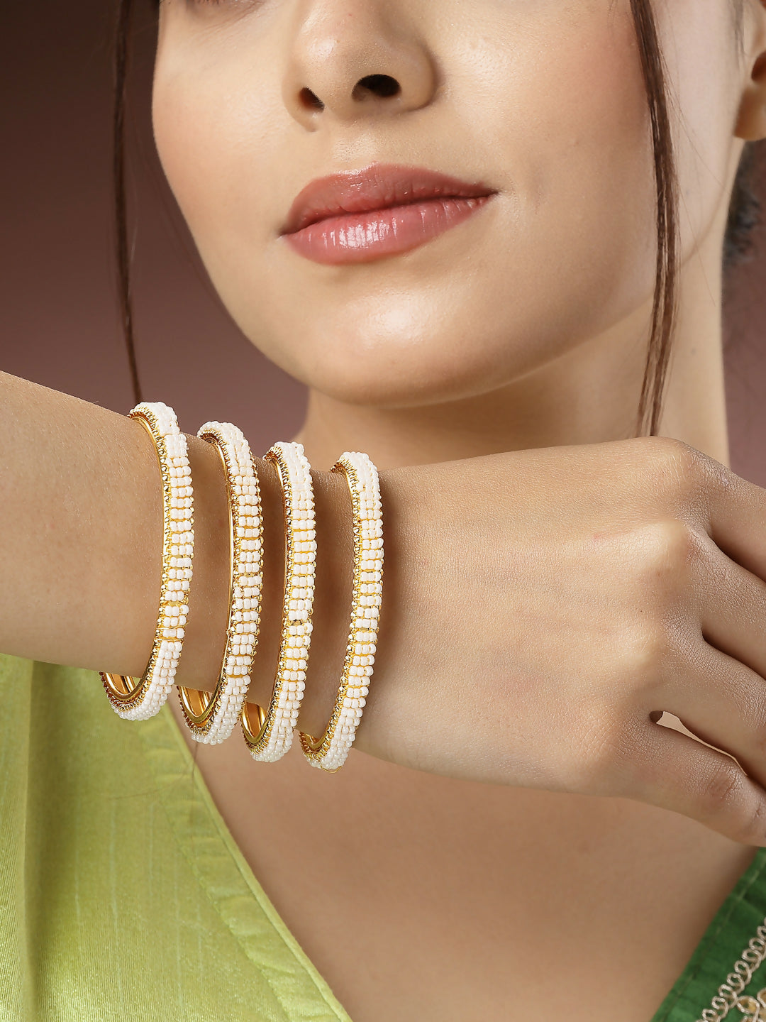 NVR Women's Set of 4 Gold-Polished Pearl Handcrafted Traditional Bangles