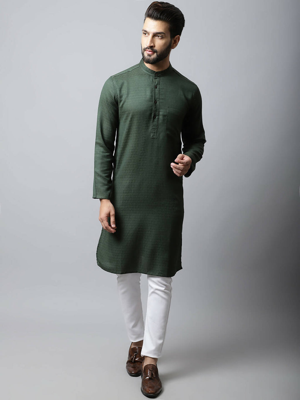 Even Apparels Green Color Viscose Pure Cotton Men's Kurta With Band Collar (SLD1197)