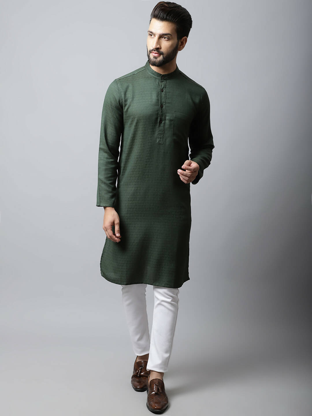 Even Apparels Green Color Viscose Pure Cotton Men's Kurta With Band Collar (SLD1197)
