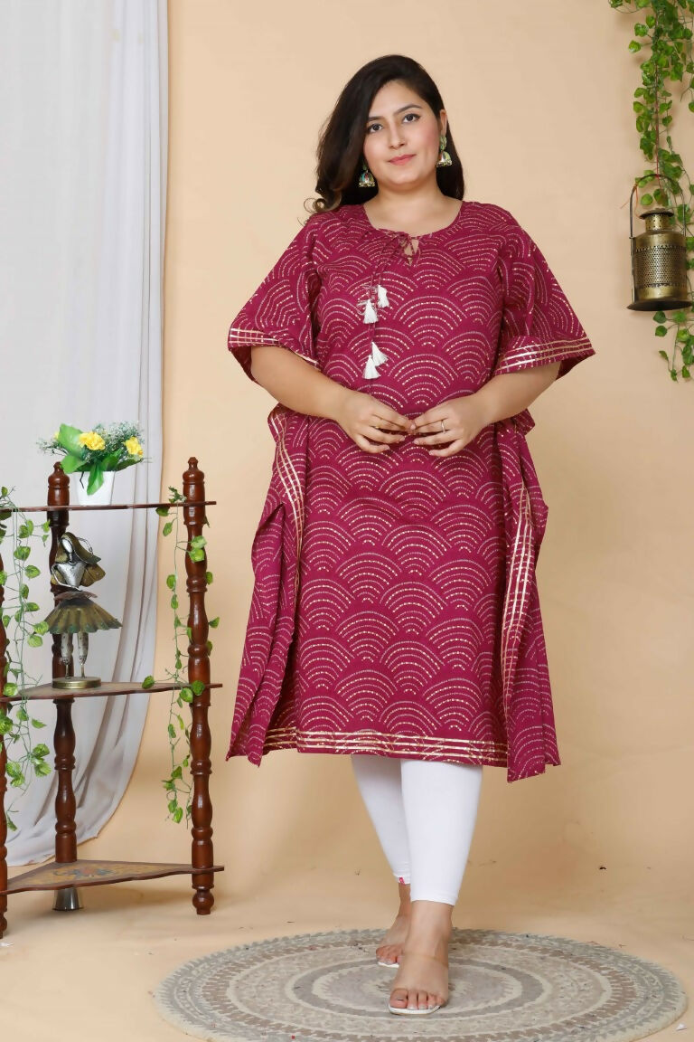Miravan Women's Plus Size Magenta Bandhani Printed Cotton Kaftan Kurta