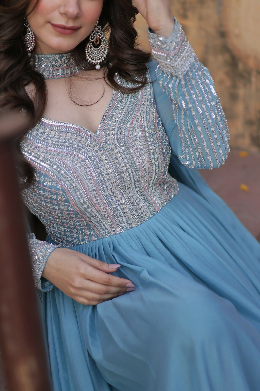 Joban Fashion Sky Blue Georgette Sequence Embroidery Work Kurta Set