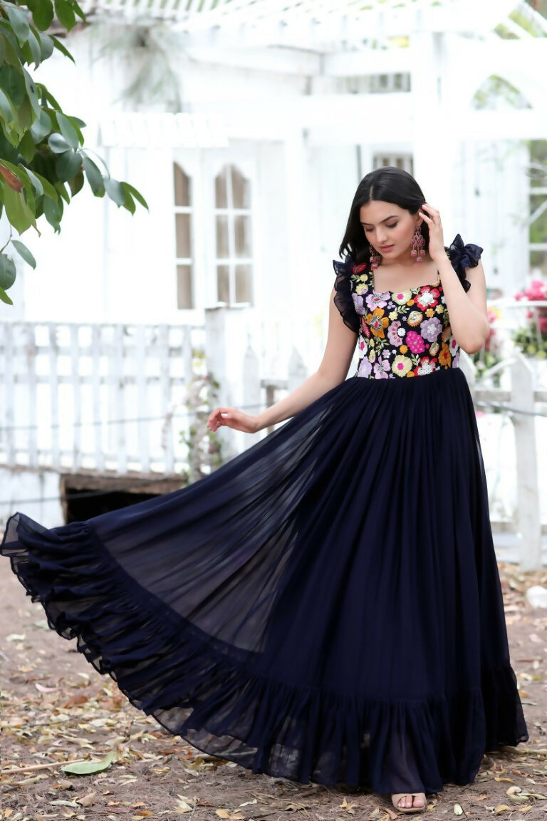 Jyoti Fashion Women's Navy Blue Sequins Thread Embroidery Faux Blooming Anarkali Dress
