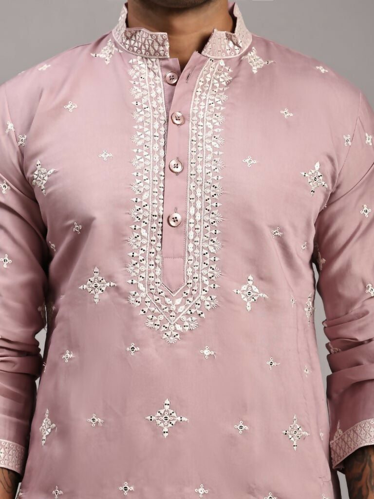 Pink Silk Designer Embroidery Work Men's Rajwadi Kurta Set - Mahotsav
