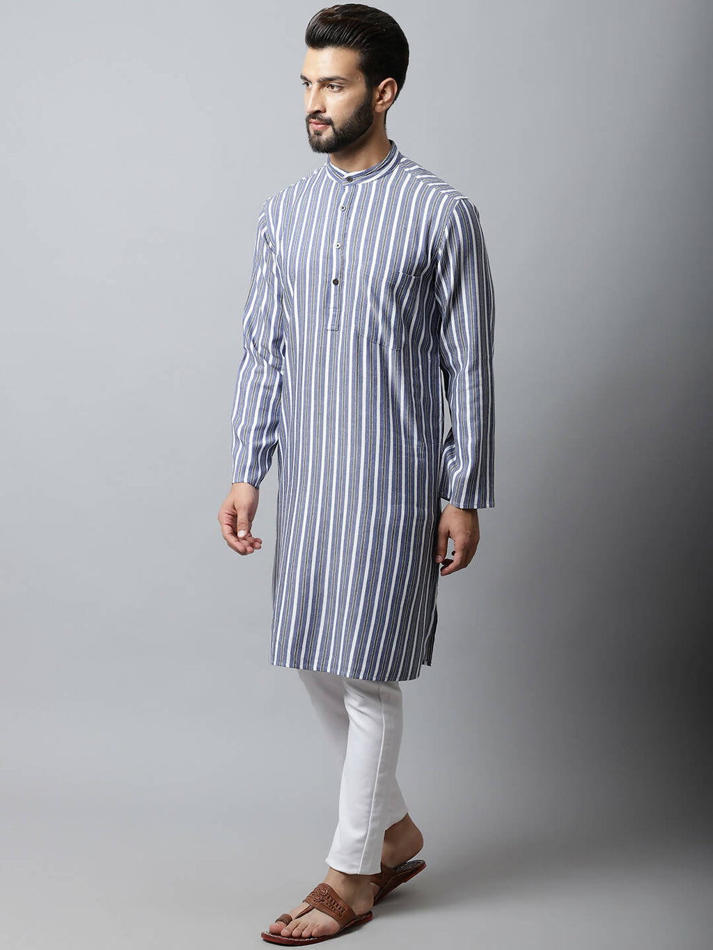 Even Apparels Blue Color Pure Cotton Men's Kurta With Band Collar (STR1168)