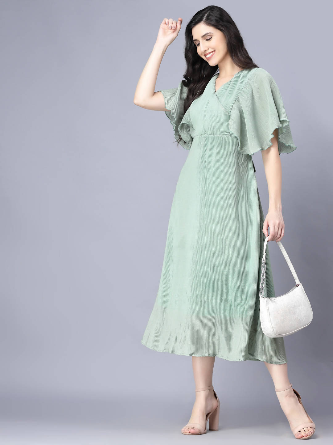 Myshka Chiffon Solid Short Sleeve V Neck Green Women Dress