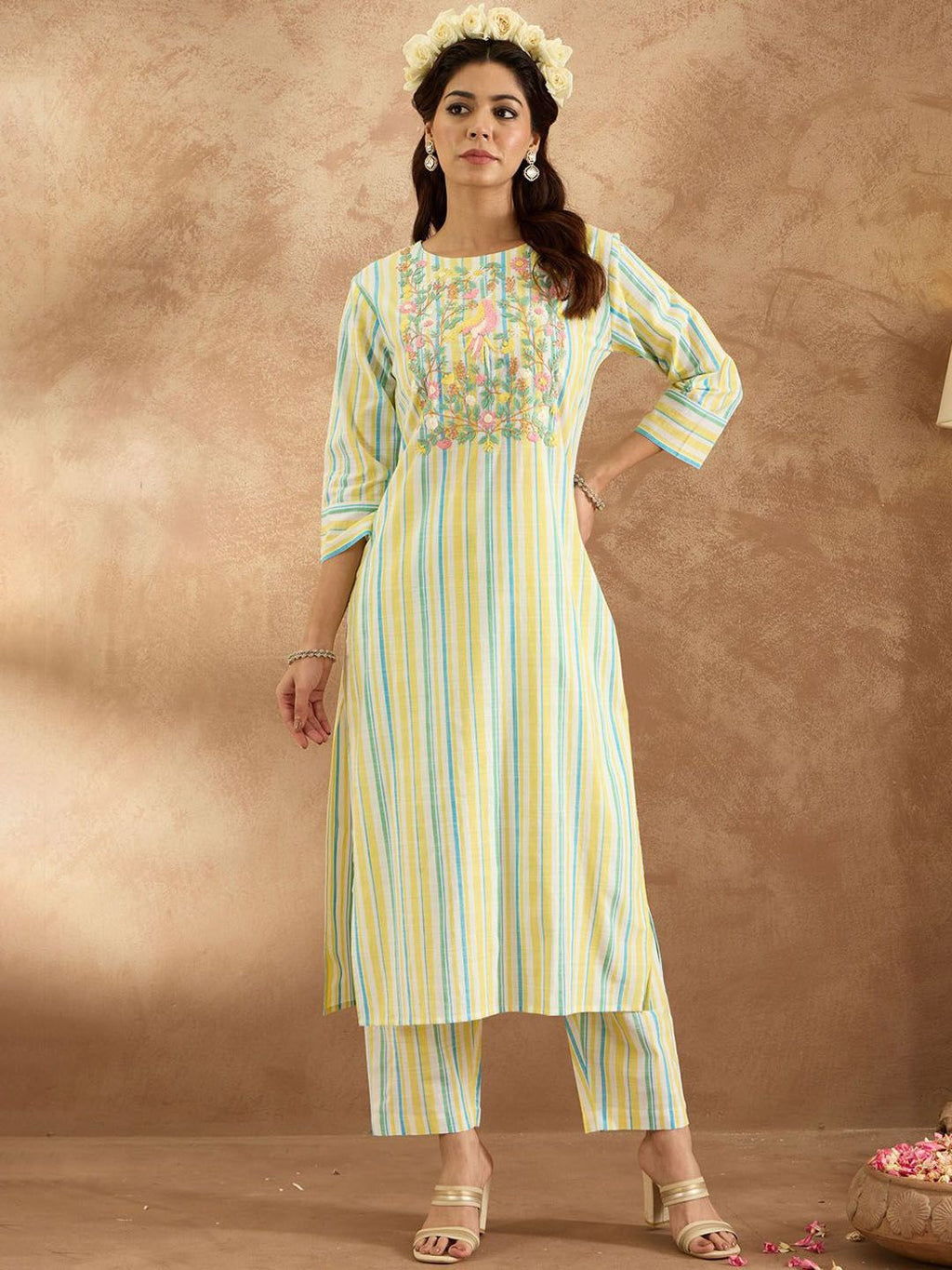 Indo Era Women Floral Embroidered Regular Thread Work Pure Cotton Kurta with Trousers