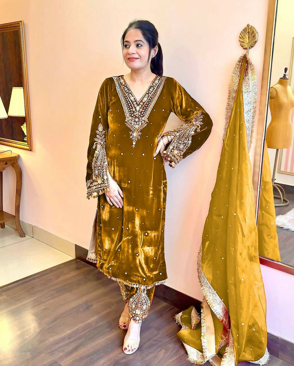 Joban Fashion Mustard Gold Velvet Embroidery Kurta Set