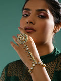 Women's Gold-Toned White Brass Kundan Gold-Polished Link Bracelet - Ruby Raang