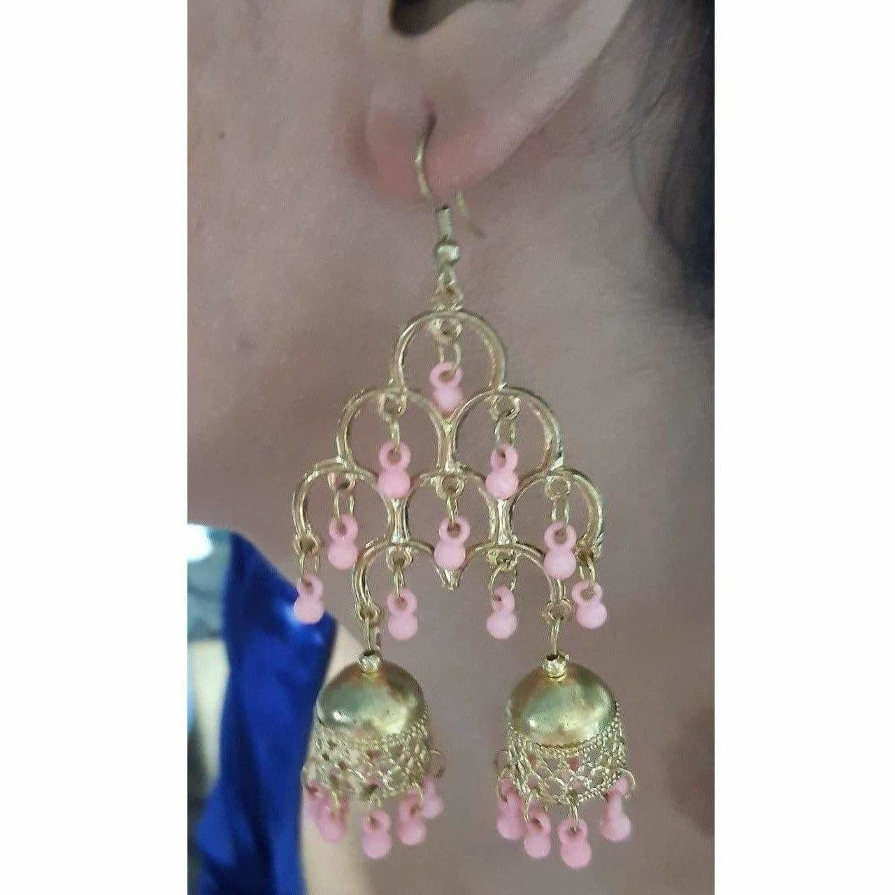 MS Fashion India Gold-Polished Fashion Traditional Double Jhumka Long Light Pink Pearls Earrings