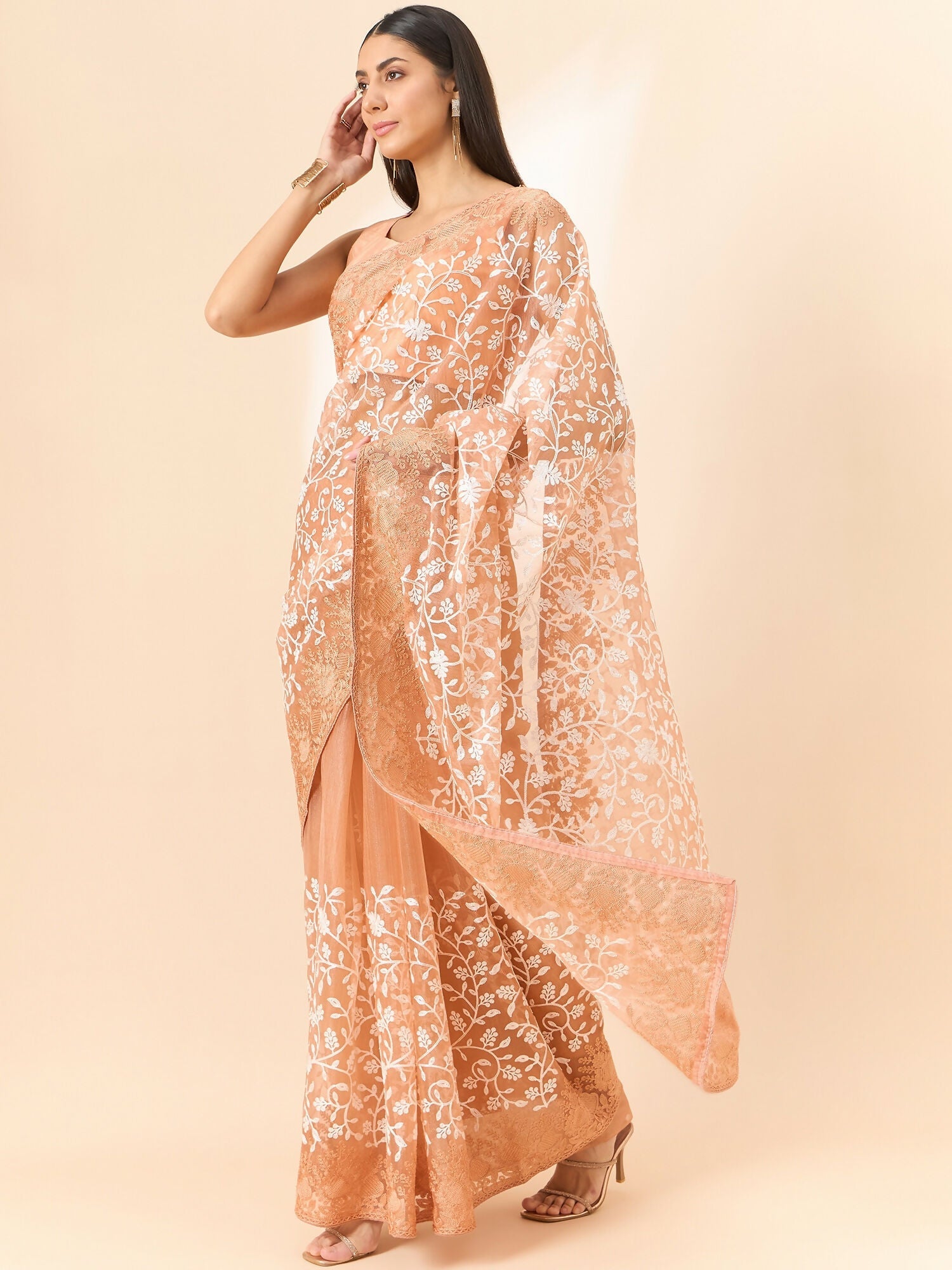 Peach Organza Floral Embroidered Saree with Unstitched Blouse Piece - Roozal