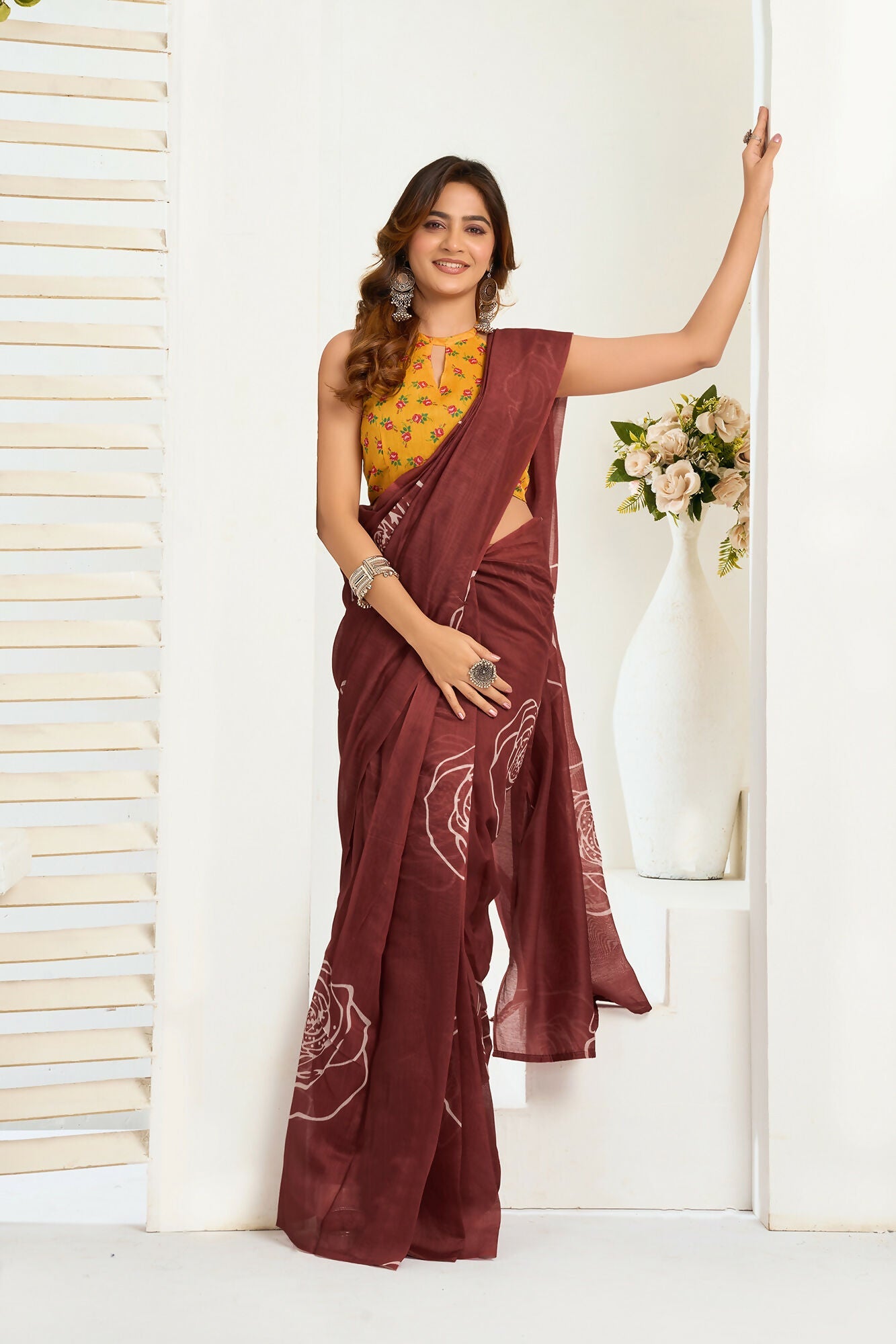 Vastranavya Dark Brown Digital Printed Linen Ready To Wear Designer Saree with Unstitched Blouse