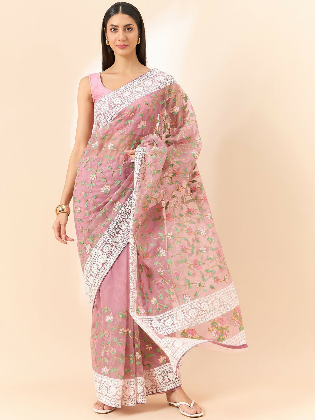 Pink Organza Floral Embroidered Saree with Unstitched Blouse Piece - Roozal