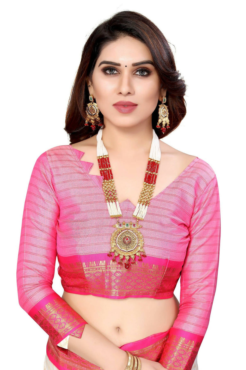 Vamika Weaving White Cotton Silk Saree (DEVAL PINK)