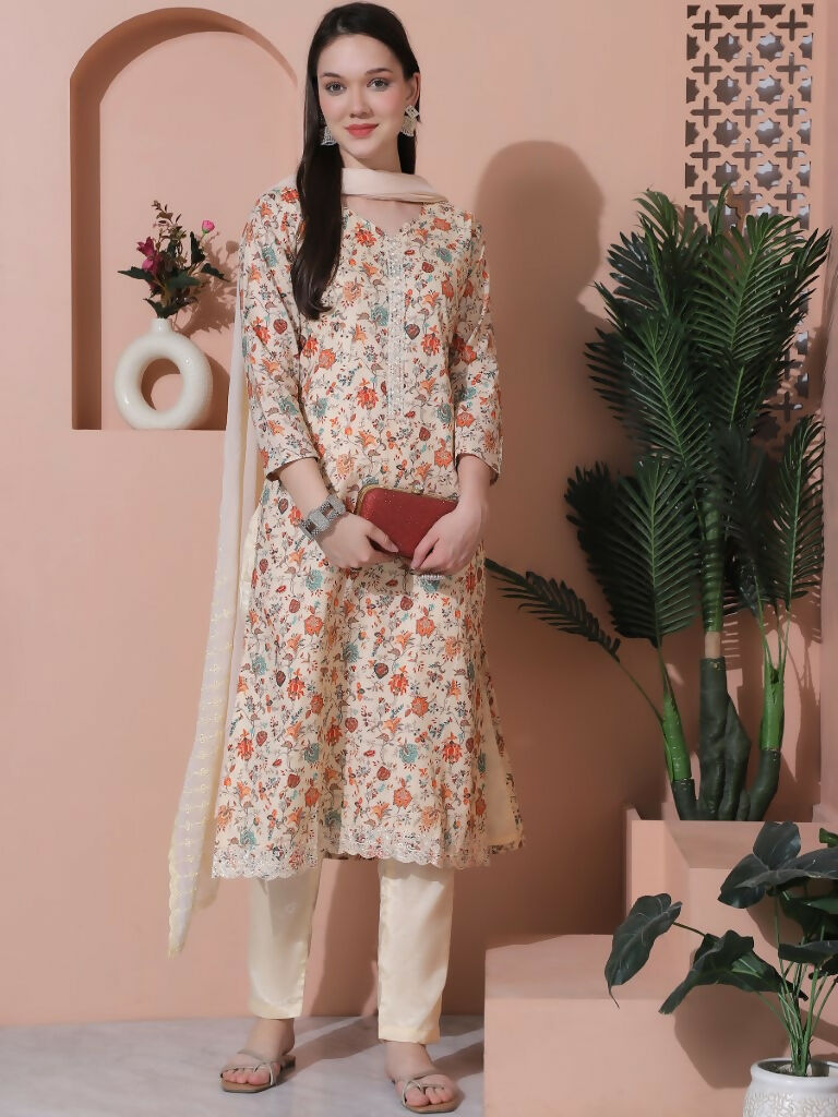 Jyoti Fashion Women's Beige Cotton Floral Digital Printed Kurta with Trouser & Dupatta
