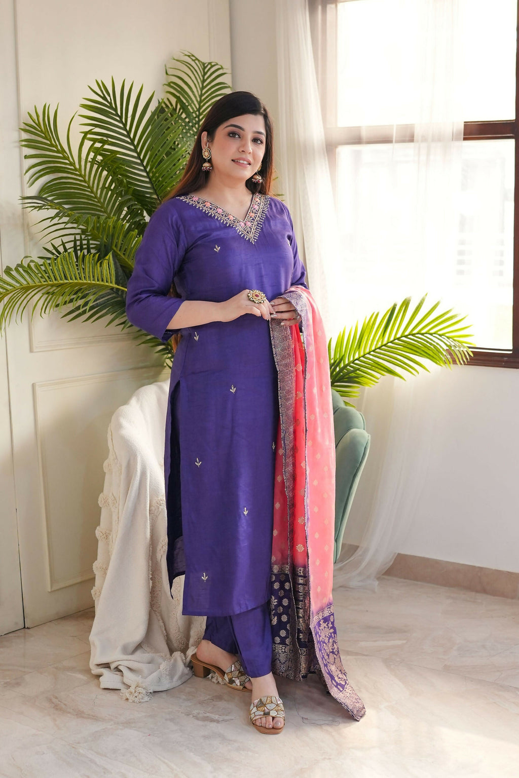 The52 Purple Women's Gorgeous Embroidered Vichitra Fabric Straight Kurta Pant with Dupatta Set