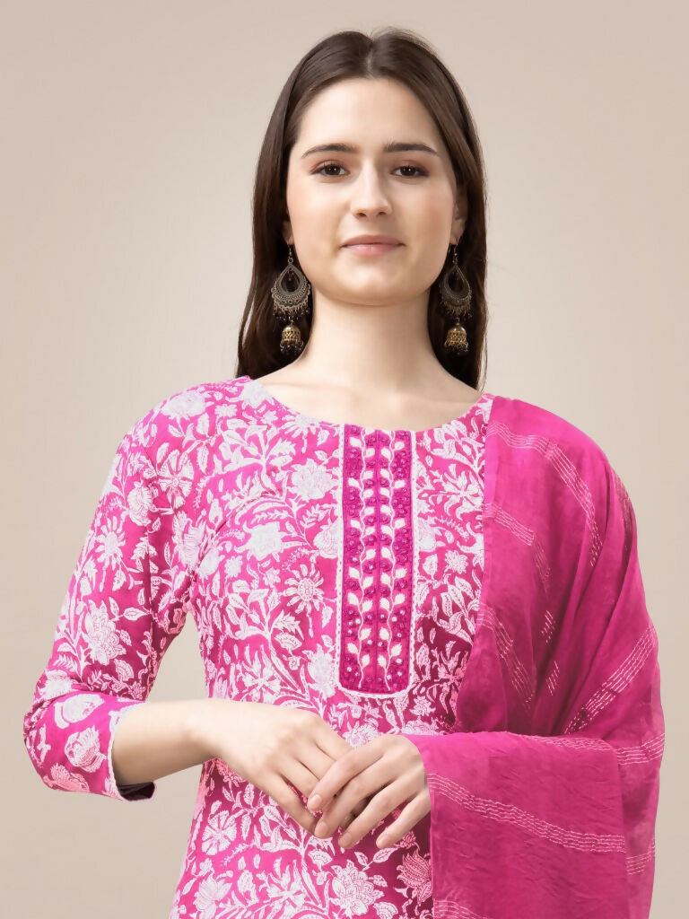 Jyoti Fashion Women's Pink Rayon Print with Embroidery & Fancy Lace Work Kurta with Trouser & Dupatta