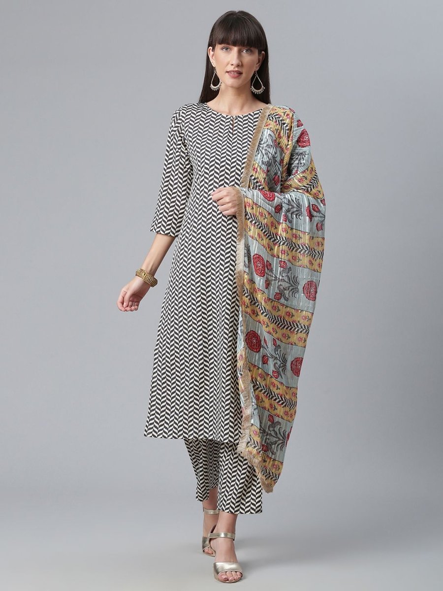 Ahalyaa Black & White Digital Print Crepe Kurta and Pant With Dupatta Set