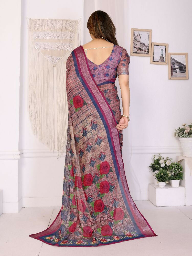 PR Fashion Purple Handloom Linen Cotton Zari Saree