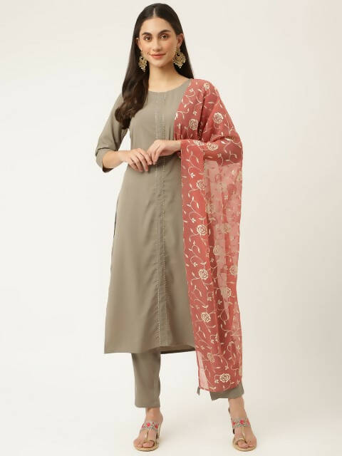 FIORRA Women's Grey Poly Crepe Straight Kurta Pant With Dupatta