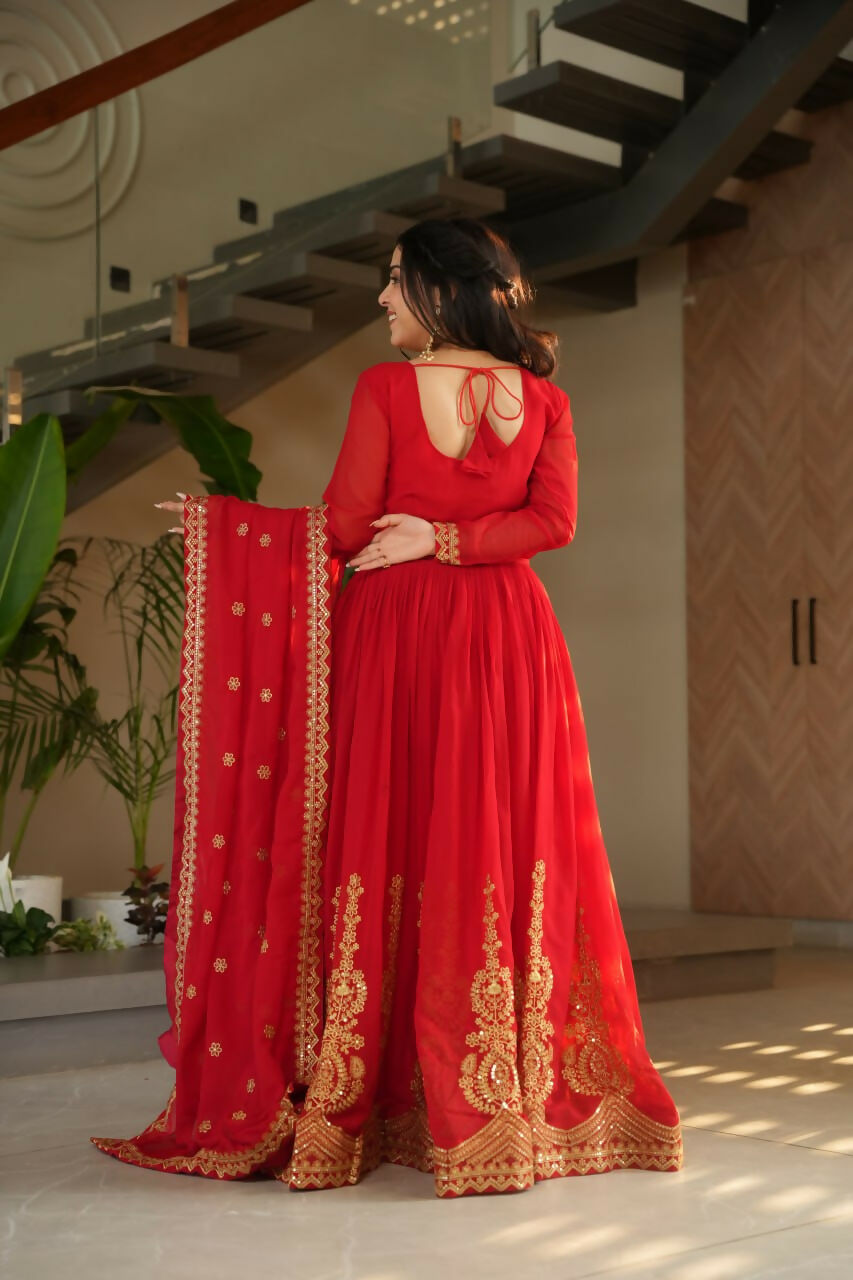 Vastranavya Red Faux Blooming with Embroidery Zari Sequins Work Gown