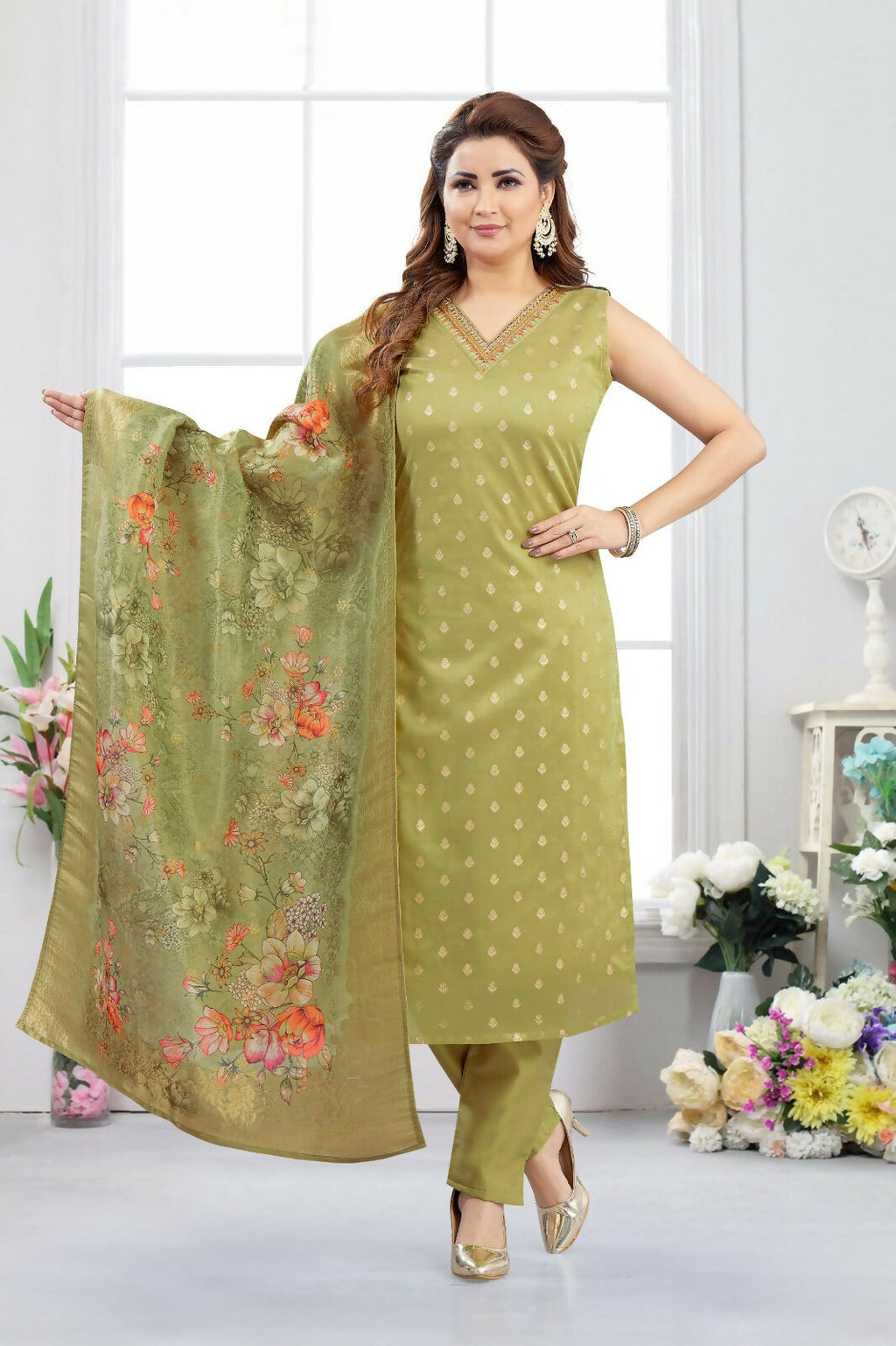 Joban Fashion Jacquard Mehendi Green Color Kurta Set