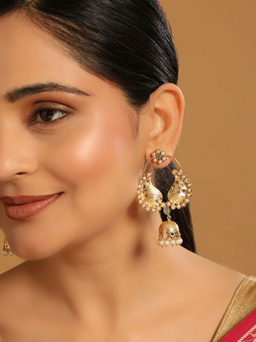 Nuyug 22K Gold Plated Pearls Studded Contemporary Shaped Mini Jhumki Drop Dangler Earrings